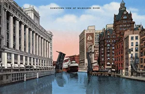 Folder Prints: Downtown view of Milwaukee River, Milwaukee, Wisconsin, USA Date: circa 1940