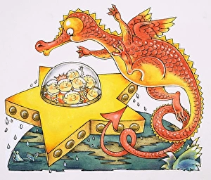 Images Dated 8th June 2007: Dragon circling star-shaped spaceship