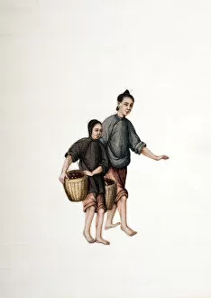 Images Dated 20th April 2013: Drawing of 2 Chinese peasants carrying baskets