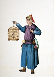 Images Dated 20th April 2013: Drawing of Chinese man with caged songbird