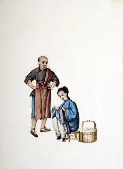 Images Dated 20th April 2013: Drawing of Chinese seamstress sewing, bound feet