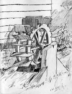 Images Dated 23rd January 2017: Drawing by Harold Auerbach, waterwheel and stream