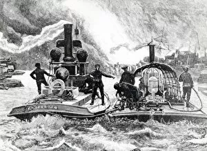 Images Dated 29th November 2011: Drawing of MFB fire float and tug on the River Thames