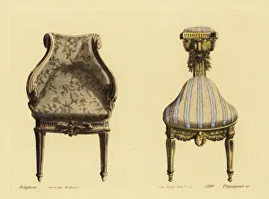 Drawing room armchair and three-leg chair in ornately carved woo