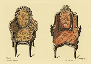 Drawing Room Prints: Drawing room armchairs in carved wood and rich fabric in the Lou
