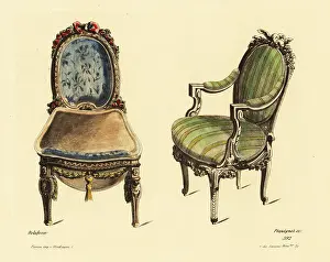 Armchair Prints: Drawing room chair and armchair in carved wood and rich fabric i