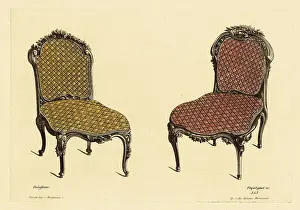 Drawing Room Prints: Drawing room chairs in carved wood with upholstered cushions in