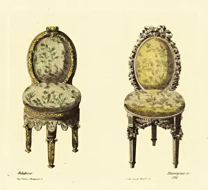 Drawing Room Prints: Drawing room three-leg chairs in carved wood and rich fabric uph