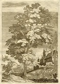 Pictures Now Prints: Drawing of tree and two men with buildings on hills Date: 1751