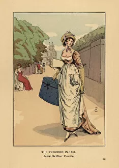 Images Dated 10th July 2019: Dress maker strolling in the Tuileries, 1802
