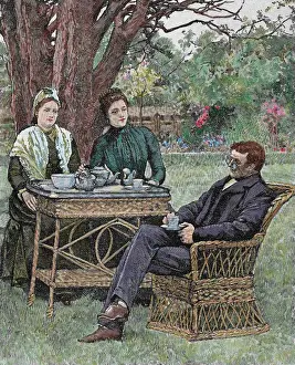 Drinking coffee in the garden. Colored engraving, 1876