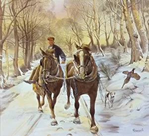 Driving two horses down a snowy lane
