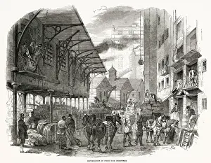 Warehouses Prints: Dry fruit trade of the port of London was full of activity about a month before Christmas