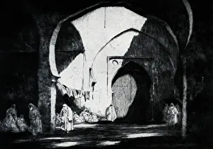 Drypoint Prints: Dry-point of a market in Fez, or Fes, Morocco. Date: circa 1929