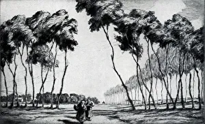 Hardie Prints: A Dry-point of two people travelling along Breton Road. Date: circa 1929