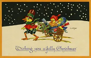 Duck pulling a handcart