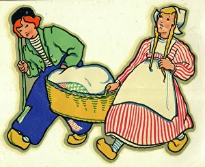 Transfer Prints: Dutch girl and boy carrying a washing basket
