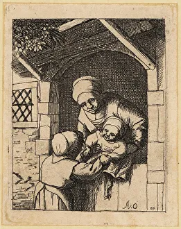Dutch mother and small children at house gate, 17th century