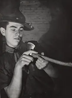 Sharpening Prints: Dutch rover scout sharpening an axe
