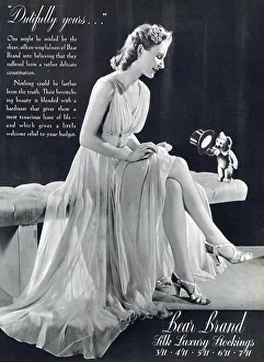 Hosiery Prints: Dutifully yours Silk luxury stockings. Date: 1940