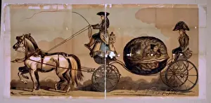 Dwarf in military uniform riding in walnut shell coach