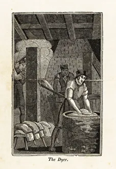 Workplace Prints: Dyer dunking bolts of fabric in a vat in a workshop