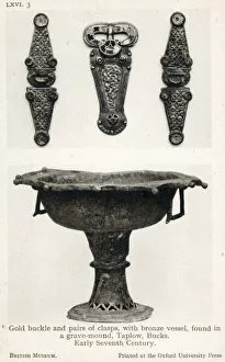 Archeological Collection: Early Anglo-Saxon Gold Buckle and Pairs of Clasps with bronze vessel found in a grave