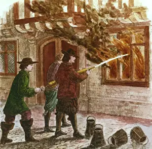 Buckets Prints: Early firefighters wih hoses