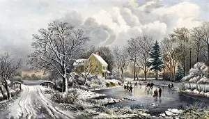 Early Winter with people ice skating on a frozen pond