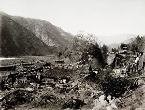 Earthquake damage in Japan c. 1890, collapsed houses