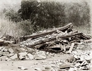 Earthquake damage in Japan c. 1890, collapsed houses