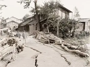 Earthquake damage down a village street, Japan, c. 1890 s