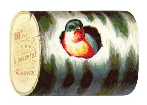 Easter card in the shape of a log with robin