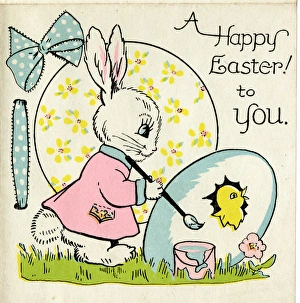 Images Dated 5th August 2016: Easter card with white bunny and yellow chick