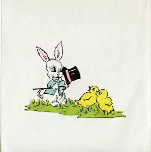 Easter Card -- white bunny and two yellow chicks