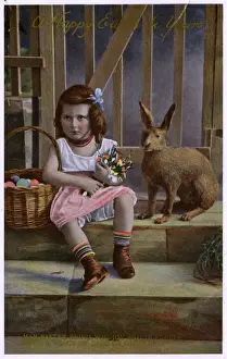 New Images July 2020 Prints: Easter Greetings Postcard - Basket of Eggs and Bunny