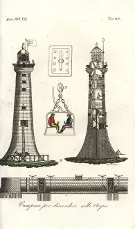 Diving Prints: Eddystone Lighthouse, diving bell, and an underwater tunnel