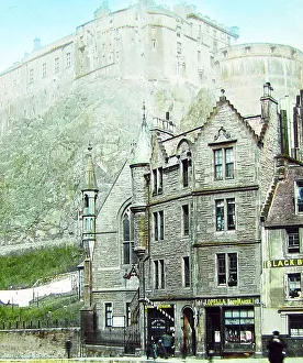Edinburgh Castle from Grassmarket, hand coloured photo