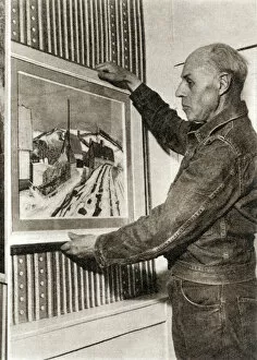 1955 Collection: Edward Bawden hanging his painting of Waltham Cross