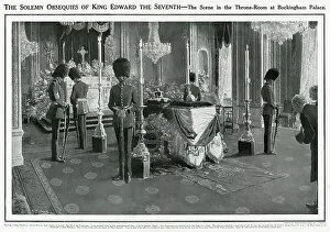 Edward VII, who passed away on 6 May 1910, at the age of 69. The King's body lay-in-state in the Throne Room at Buckingham Palace, London, guarded by Ist Grenadier Guards. Date: 1910