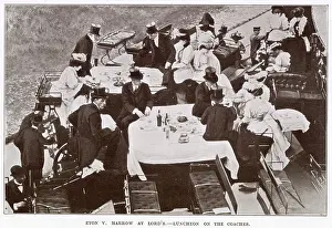 Harrow Prints: Edwardian men an women sitting on top of the coaches having luncheon