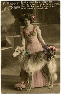 Images Dated 5th August 2017: Edwardian woman with her borzois, on a birthday postcard