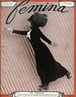 Overcoat Prints: Edwardian woman roller skating 1910