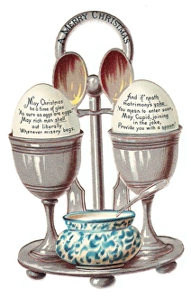 Victorian and Edwardian Christmas Cards Gallery: Eggcup stand with two eggs on a cutout Christmas card