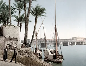 Infrastructure Prints: Egypt - boats on the River Nile and bridge Cairo
