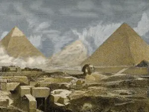 Sphinx Prints: Egypt. Great Sphinx and Pyramids of Giza. View. Engraving. 1