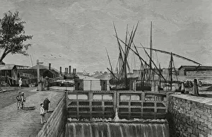 Navigable Prints: Egypt, Suez Canal. Ismailia. Freshwater canal lock