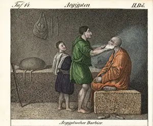 Barbershop Prints: Egyptian barbershop with barber trimming a mans beard