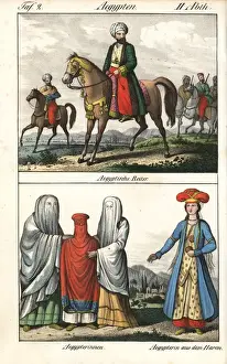 Burqa Prints: Egyptian riders wearing turbans, women and girl in burqa