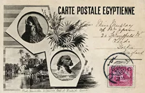 Arousa Collection: Egyptian souvenir postcard - Sphinx, Oasis and Woman